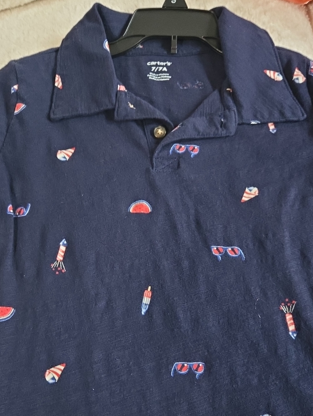 Carter's Navy Polo with Red & Blue Summer Motifs